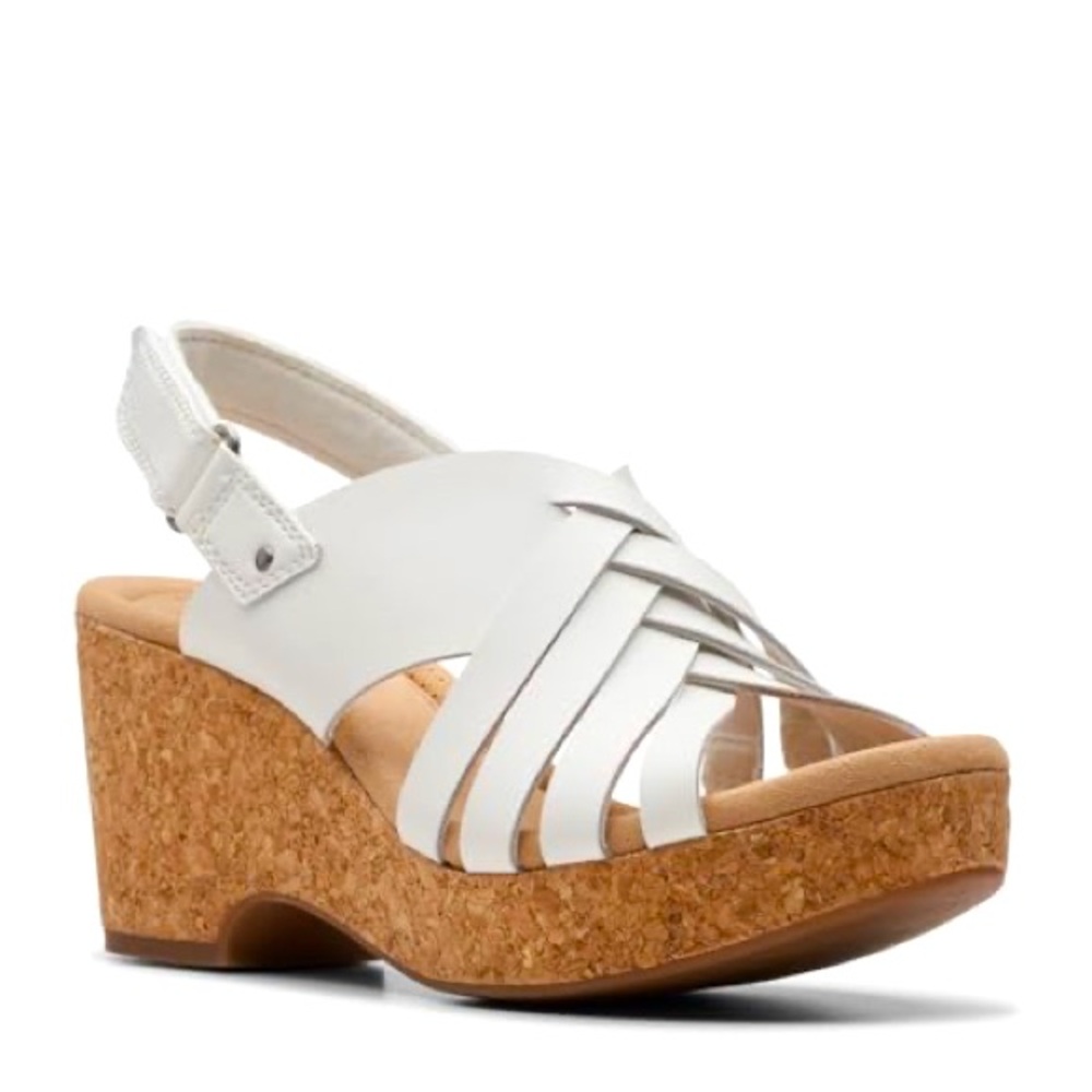 Clarks (US 9) Giselle Ivy Wedge Open Toe Slingback Sandal in White Leather/ Cork